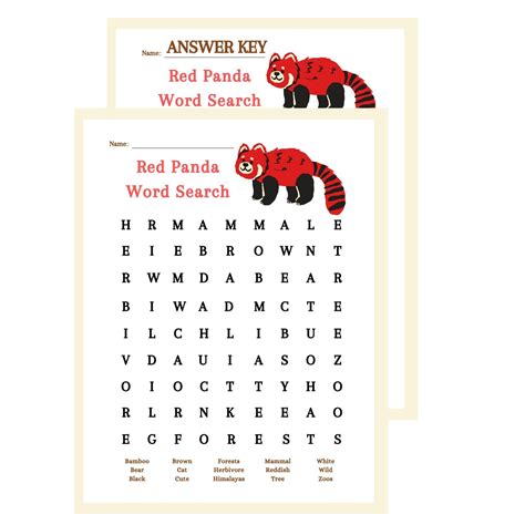 Printable Red Panda Word Search And Answer Key Instant Etsy Uk