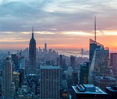 Night View Of New York Manhattan During Sunset Editorial Stock Photo