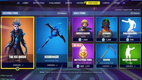 The fortnite shop updates daily with daily items and featured items. THE ICE QUEEN | ICEBRINGER | REAPER | BREAKING POINT; Item ...