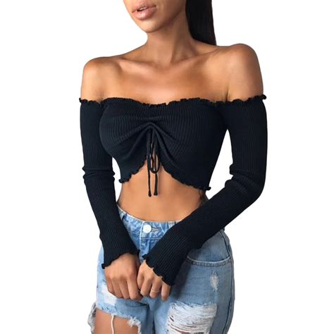 buy new women t shirt sexy off shoulder strapless ruched crop ruffle long