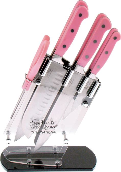 Hri036 Hen And Rooster Seven Piece Kitchen Knife Set Pink