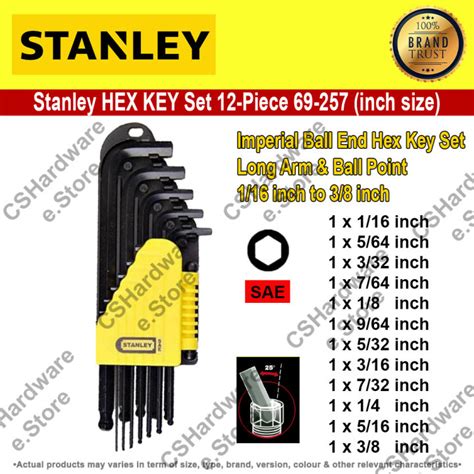 Stanley Hex Key Set 12 Piece Ball Point And Long Arm Inch Size 69 257