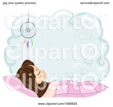 clipart of a brunette white girl sleeping on her bed with a dream catcher and a cloud with space