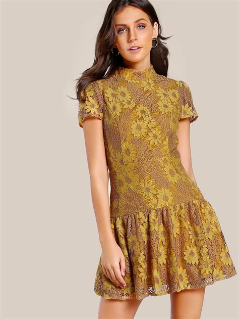 Drop Waist Fit And Flare Floral Lace Dress Sheinsheinside