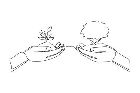 Continuous One Line Drawing Two Hands Holding Together A Green Young