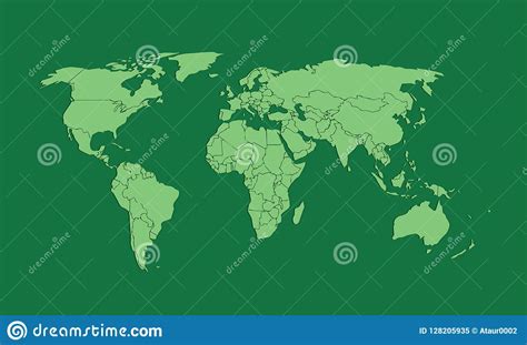 A Green World Map Or Atlas Of Different Countries With Borders Stock