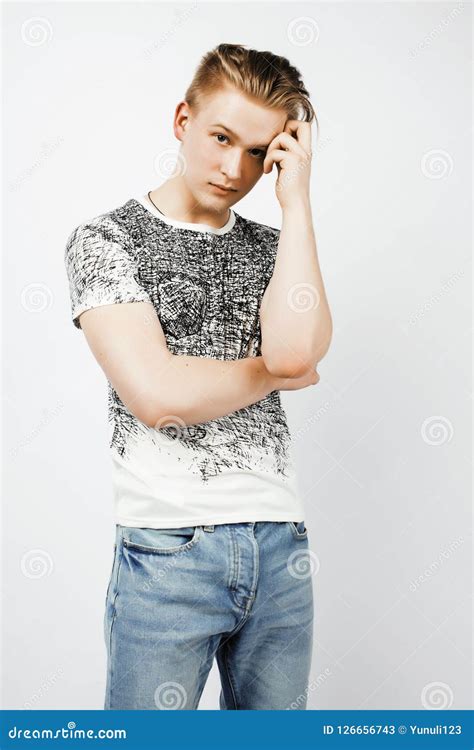Young Handsome Teenage Hipster Guy Posing Emotional Happy Smili Stock