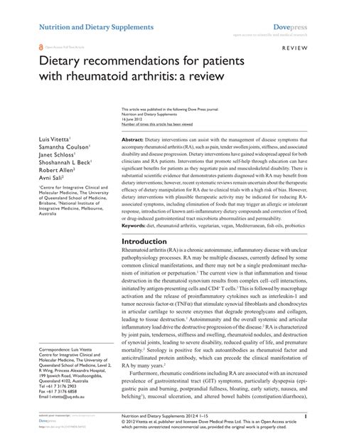According to the arthritis foundation, some supplements can interfere with the way your body processes other medications you might be taking. (PDF) Dietary recommendations for patients with rheumatoid ...