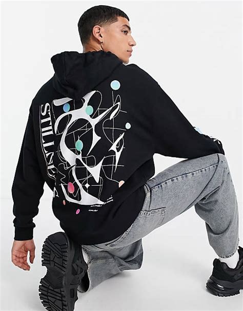 Asos Design Oversized Hoodie In Black With Multi Placement Abstract
