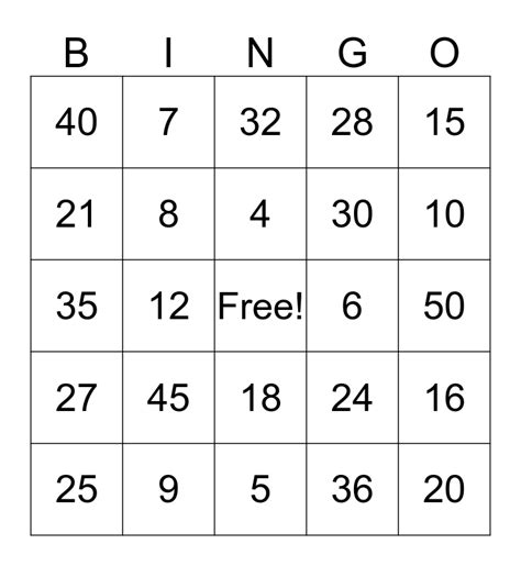 Multiplication Math Bingo Card