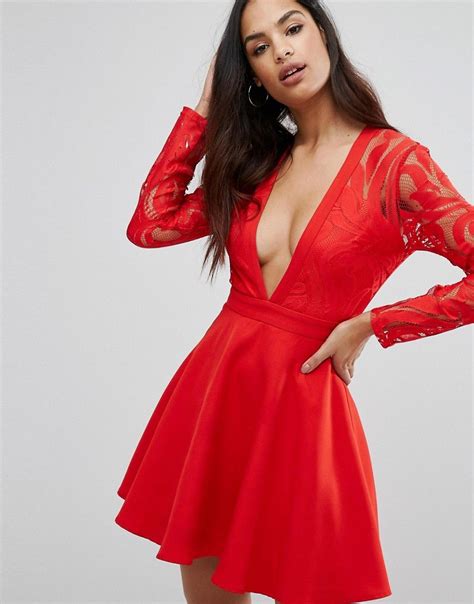 Plunge Lace Sleeve Skater Dress By Missguided Red Lace Dress With