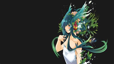 Wallpaper Anime Girls Saya No Uta Simple Background Leaves Flowers Long Hair Green Hair