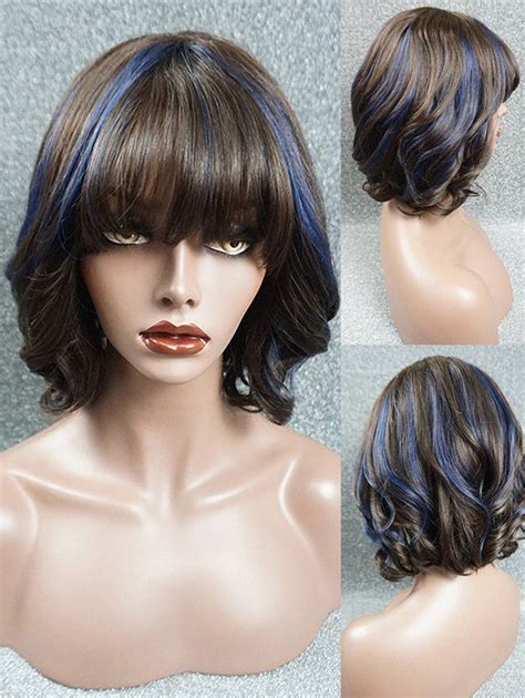 78 Off Full Fringe Short Highlighted Wavy Human Hair Wig Rosegal