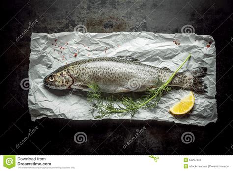 Fresh Fish Meat On A Paper With Herb And Lemon Stock Photo Image Of