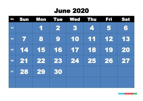 Printable 2020 Monthly Calendar With Week Numbers June