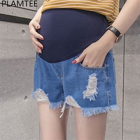 Plamtee Summer Maternity Shorts Fashion Broken Hold Denim Short For Pregnant Women Loose Elastic