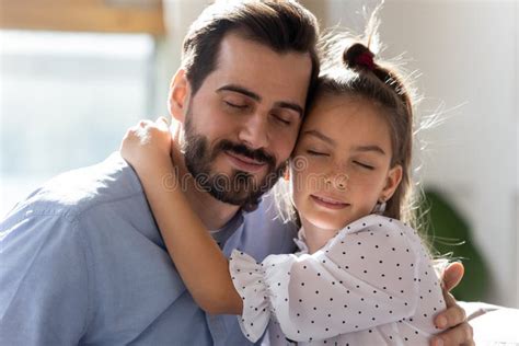 Little Daughter Hug Young Dad Feeling Thankful Stock Image Image Of