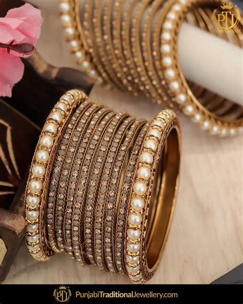 Antique Gold Finished Gray Pearl Bangles Set Both Hand Pair Punjab Punjabi Traditional