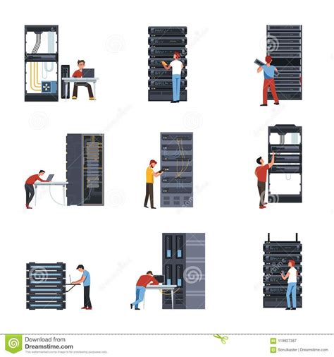 Worker In Server Room Vector Icons Stock Vector Illustration Of
