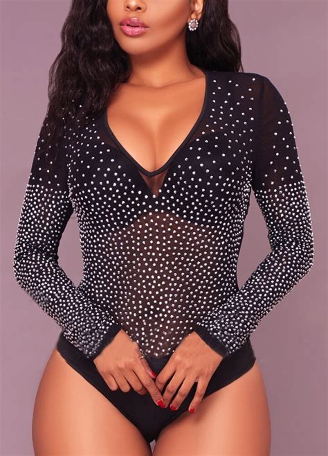 sexy bodycon bodysuit women romper sheer mesh rhinestone deep v neck long sleeves clubwear