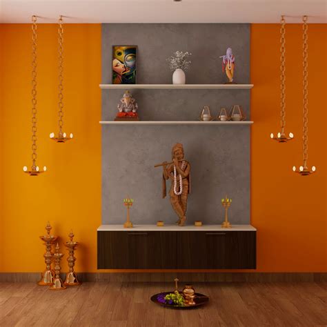 Traditional Yellow Pooja Room Design With Wooden Drawer Storage Livspace