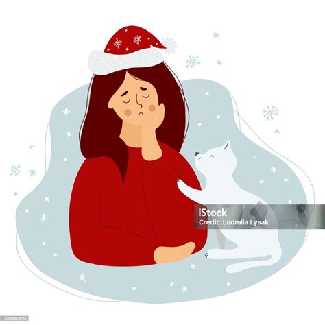 Sad Christmas Lonely Girl In Santa Claus Hat With Cat Vector
