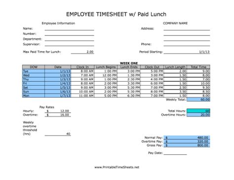 Weekly Paid Lunch Printable Time Sheet