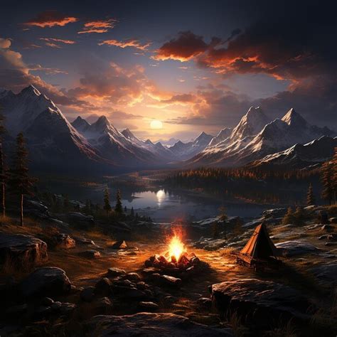 Premium Ai Image Sunset Bonfire Landscape Snowcapped Mountain Viewpoint