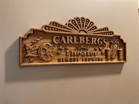 3d Home Theater Sign Carved Wood With Your Name Etsy
