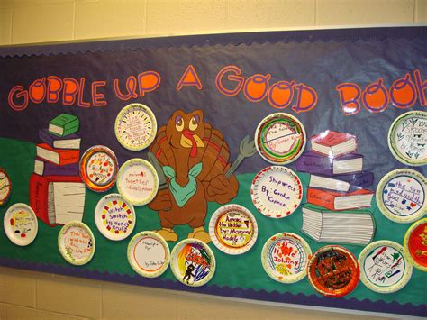 Thanksgiving Bulletin Board Display Book Titles Are On Plates Cute