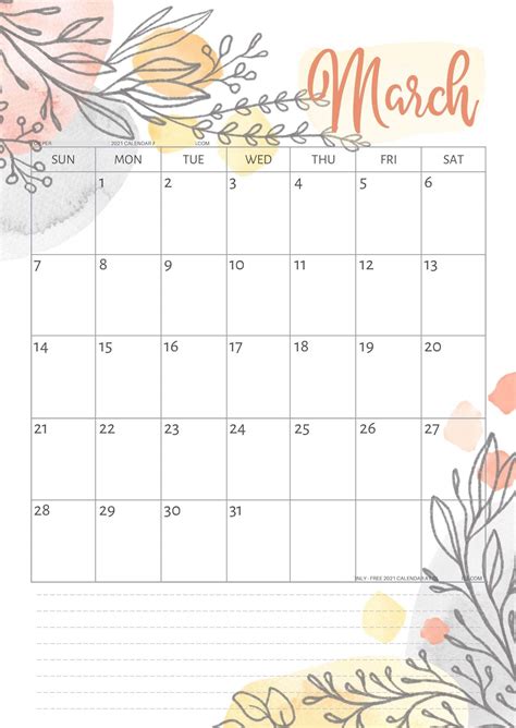 Monthly calendars and planners for every day, week, month and year with fields for entries and notes Free Calendar 2021 March Printable Notes Template - One ...