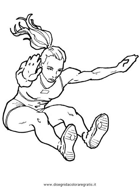 Il salto in lungo è una specialità sia maschile che femminile, in cui gli atleti, dopo una rincorsa, raggiungono la zona limite dove poter saltare, detta asse di battuta, cercando di atterrare il più lontano possibile nella buca riempita di sabbia. Disegno atletica_salto categoria sport da colorare