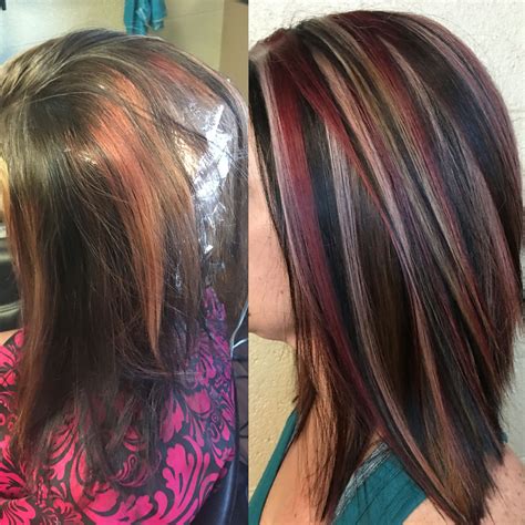Dimensional with blonde, black, and red. Red black and blonde hair chunky highlight Matrix SoColor ...