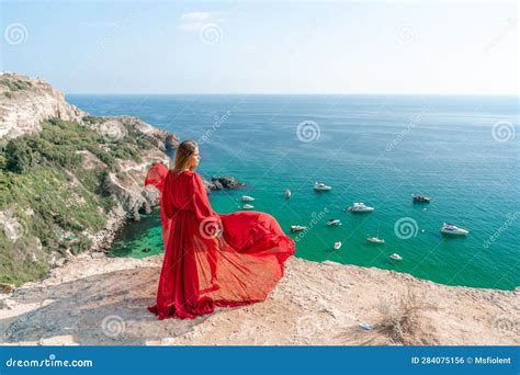 Red Dress Woman Sea Cliff A Beautiful Woman In A Red Dress And White