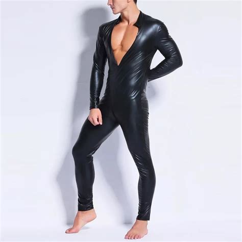 Sexy Plus Size Men Black Sexy Catsuit Bodysuit Overalls Wet Look Dance
