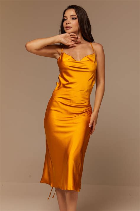 Orange Silk Slip Midi Dress Cowl Neck Lace Up Open Back Etsy