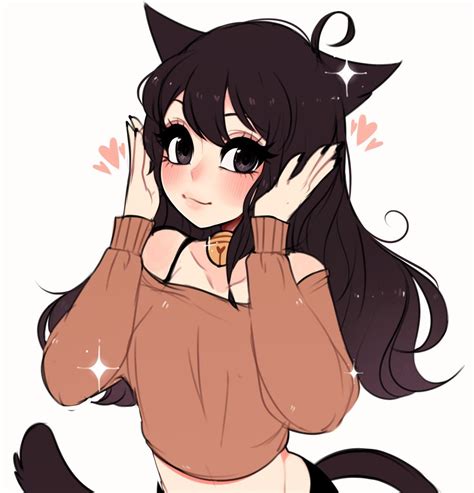 Cat Girl Neko Ears Blush Long Black Hair Cute Anime Cat Emo Anime
