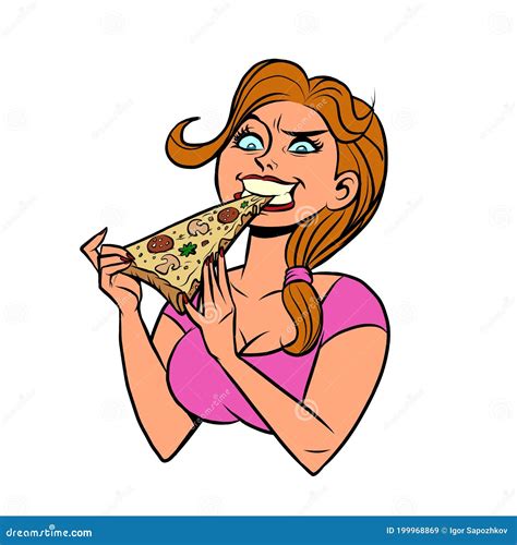 Funny Hungry Girl Eating Pizza Stock Vector Illustration Of Healthy