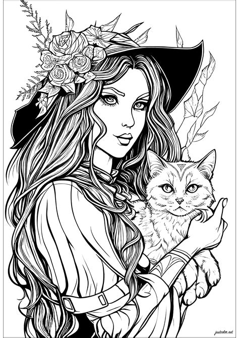 Bewitching Witch And Her Cat Halloween Adult Coloring Pages