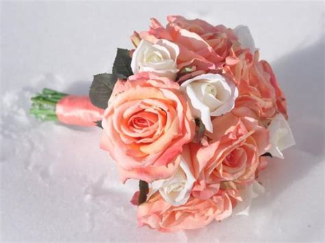 Silk Wedding Flower Bridal Bouquet Made With Coral Roses Ivory Roses