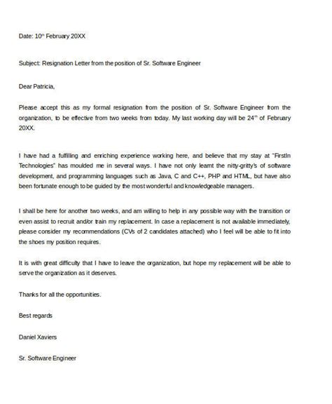 Resignation Letter For Service Engineer Sample Resignation Letter