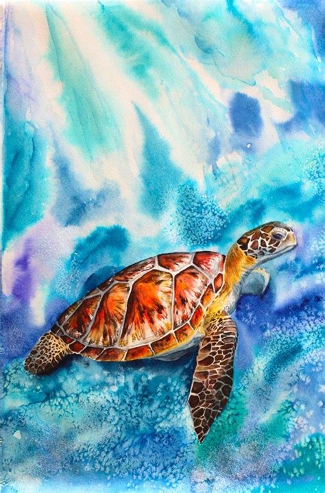 Turtle Watercolour Painting Print Turtle Bathroom Decor Sea Etsy