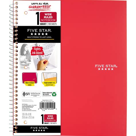 Five Star Wirebound Notebook 1 Subject Wide Ruled 10 12 X 8 Red