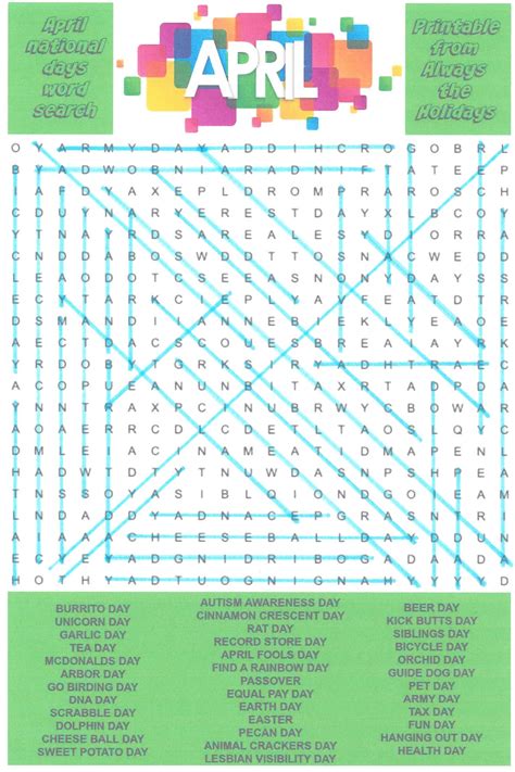 April Word Search Printable National Days Word Find Puzzle