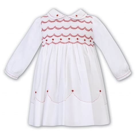 Sarah Louise Girls White With Red Smocked Dress
