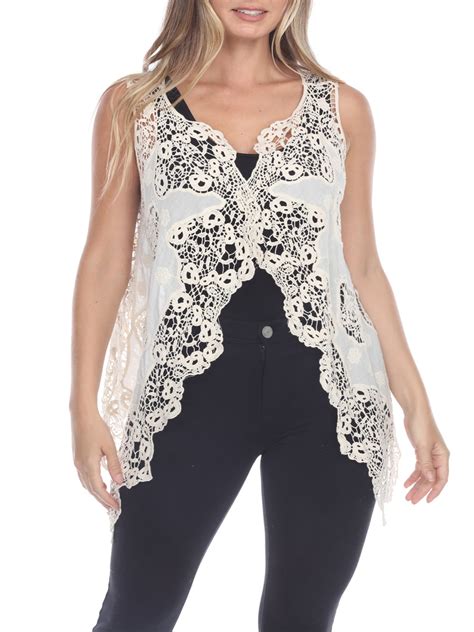 Simply Couture Crochet And Lace Sleeveless Open Front Vest Womens