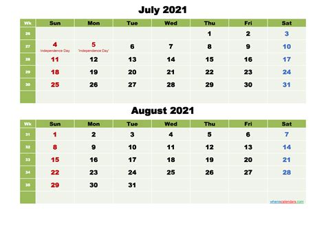 Printable Calendar July And August 2021 Word Pdf
