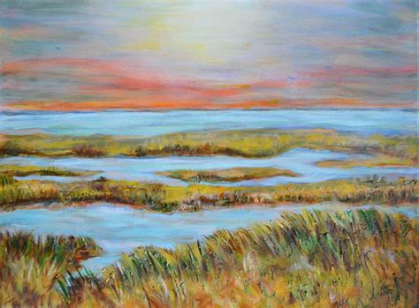 Landscape Painting Marsh Beach Sunset Scenery Etsy
