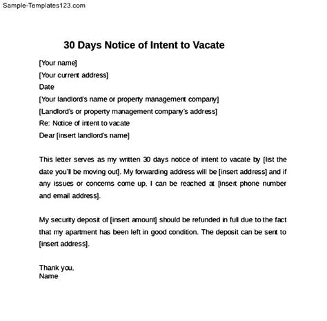 30 Days Notice Letter Of Intent To Vacate Sample Templates Sample