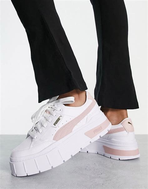 Puma Mayze Stack Trainers In White And Pink Asos Puma Shoes Women Puma Shoes Outfit Pink